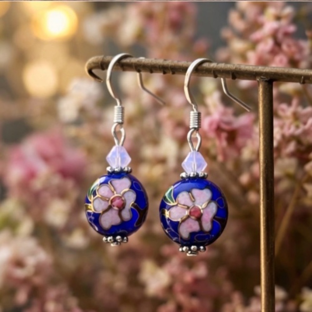 Vintage Cloisonné Floral Bead Earrings Cobalt Blue Pink Crystal Accent 1.5”